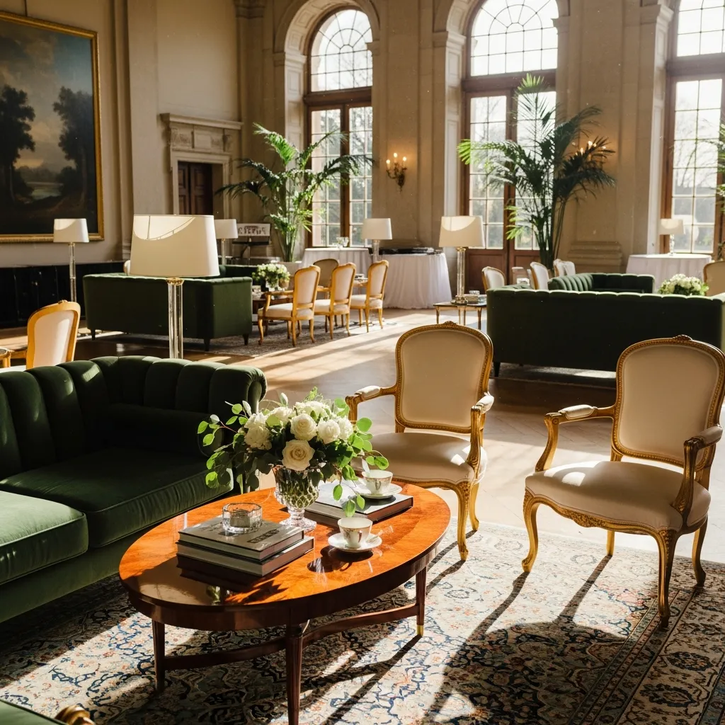 Elegante møbler arrangeret i et eventmiljø med naturligt lys